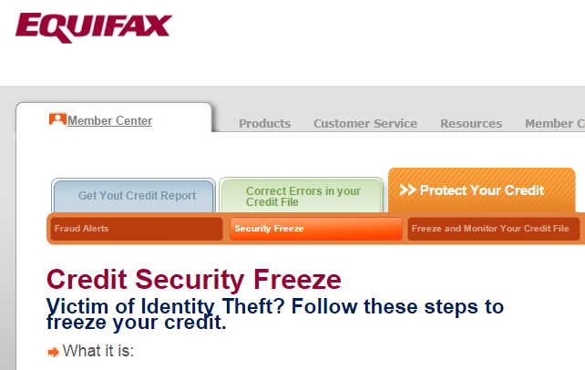 Equifax security freeze on credit report