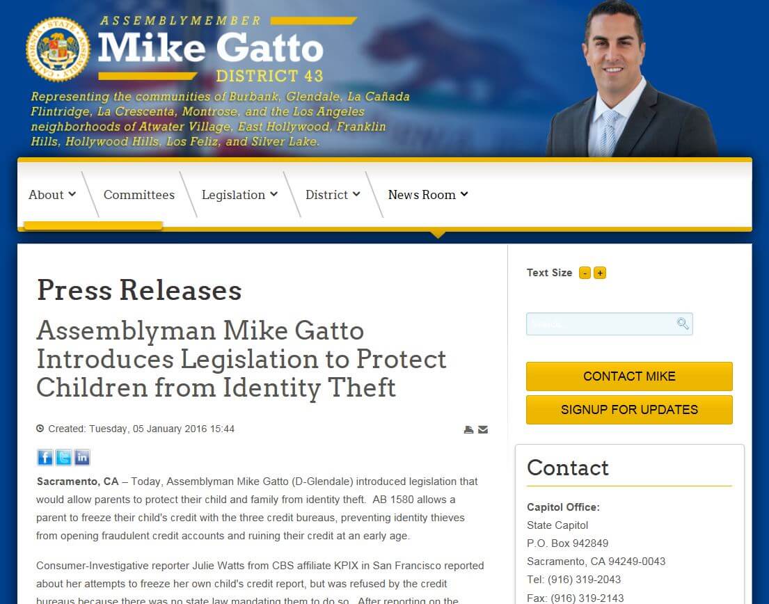 Citing these NewsMom blog posts and KPIX reports, this week California Assemblyman Mike Gatto introduced the child credit freeze legislation AB 1580.